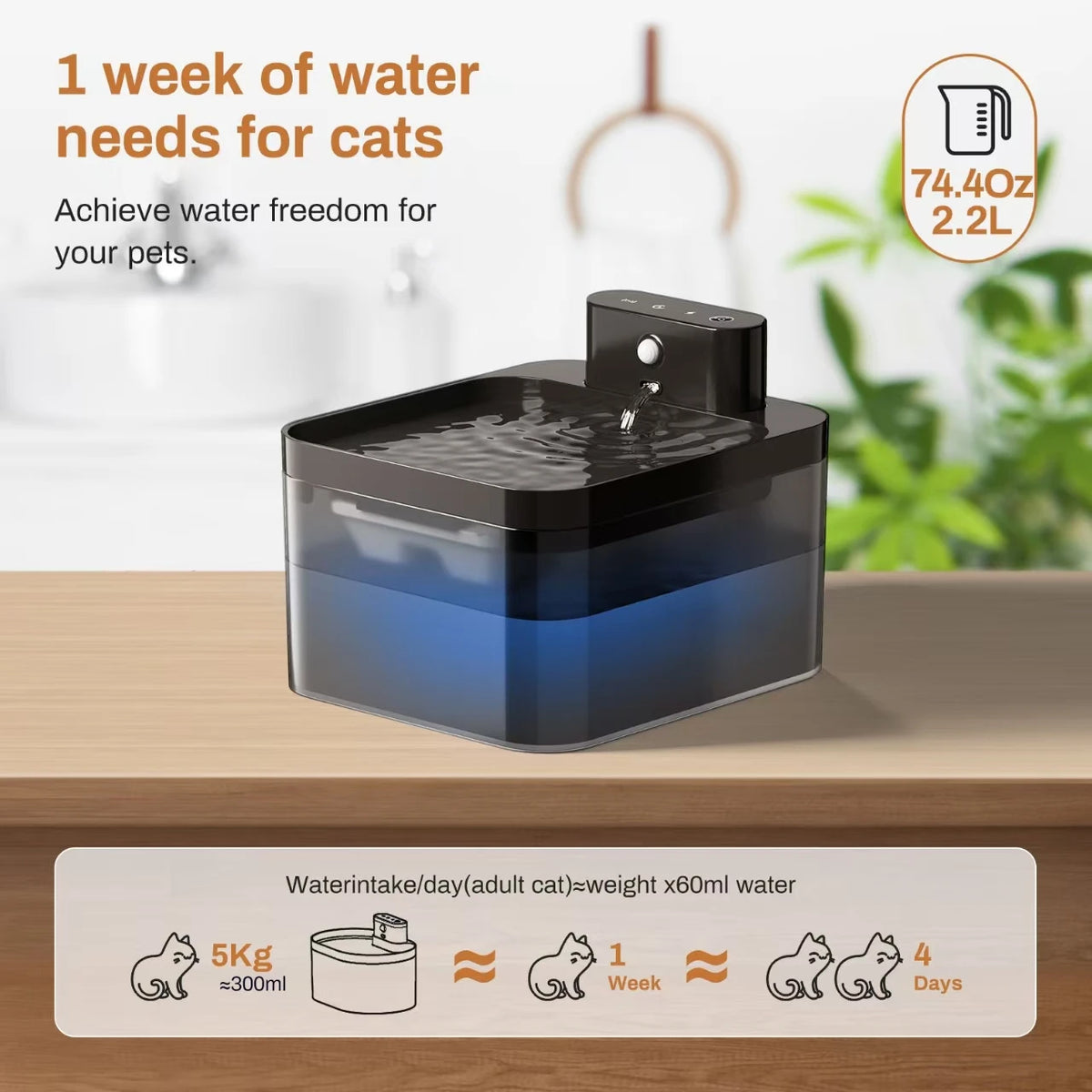 2.2L Automatic Wireless Cat Water Fountain USB Pet Drinker Battery & Sensor 2 in 1 Dispenser drinking fountain for cat dog