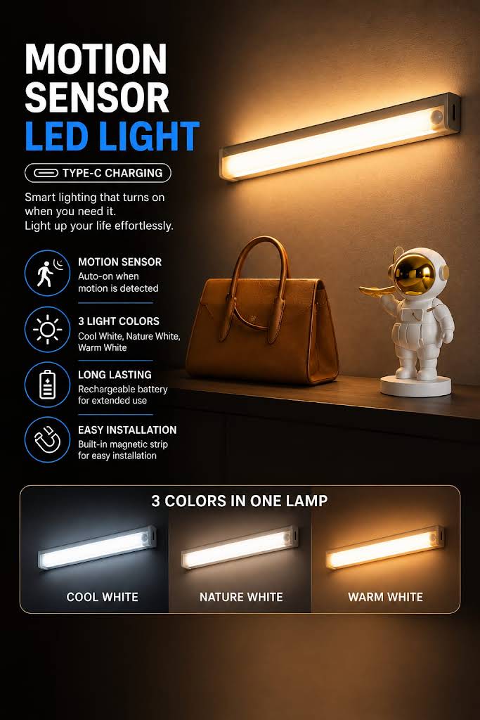 Motion Sensor Lamp Night Light Wireless LED USB Type C Rechargeable Lamp for Kitchen Cabinet Bedroom Wardrobe Staircase Lighting